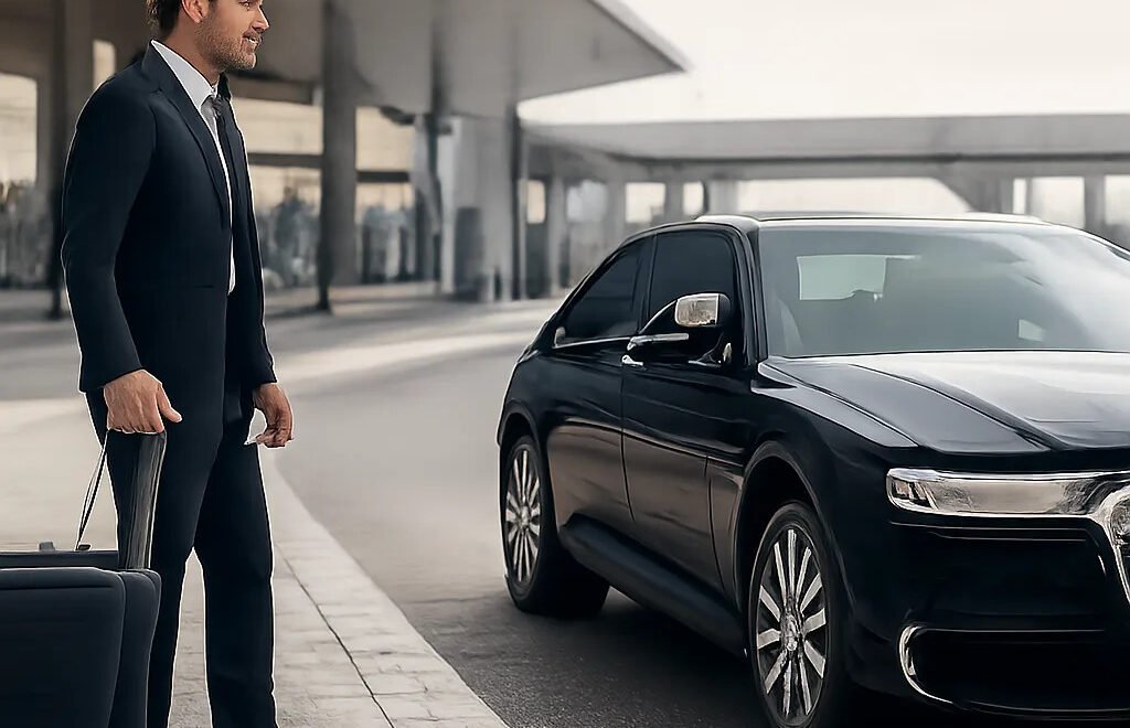Illustration d’un transfert aéroport premium à Roissy-CDG, avec un taxi prêt à prendre en charge un voyageur. L’image évoque la ponctualité, la simplicité et la sérénité d’une réservation en ligne.