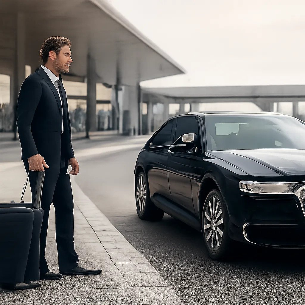 Illustration d’un transfert aéroport premium à Roissy-CDG, avec un taxi prêt à prendre en charge un voyageur. L’image évoque la ponctualité, la simplicité et la sérénité d’une réservation en ligne.
