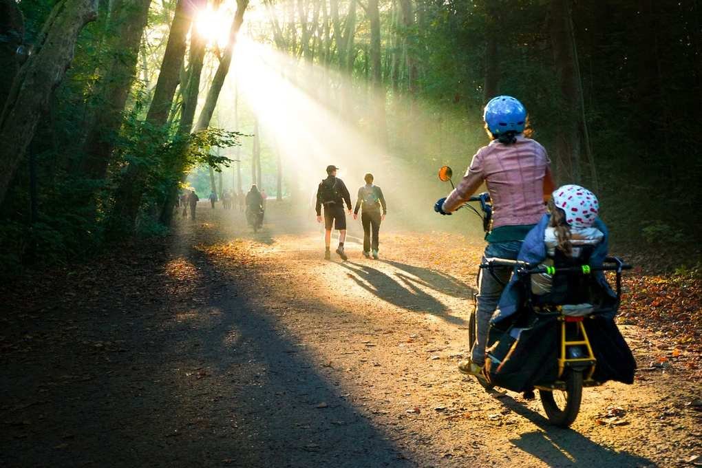 Une personne sur un vélo cargo dans une forêt, avec deux passagers, un soleil perçant à travers les arbres Une personne sur un vélo cargo dans une forêt, avec deux passagers, un soleil perçant à travers les arbres