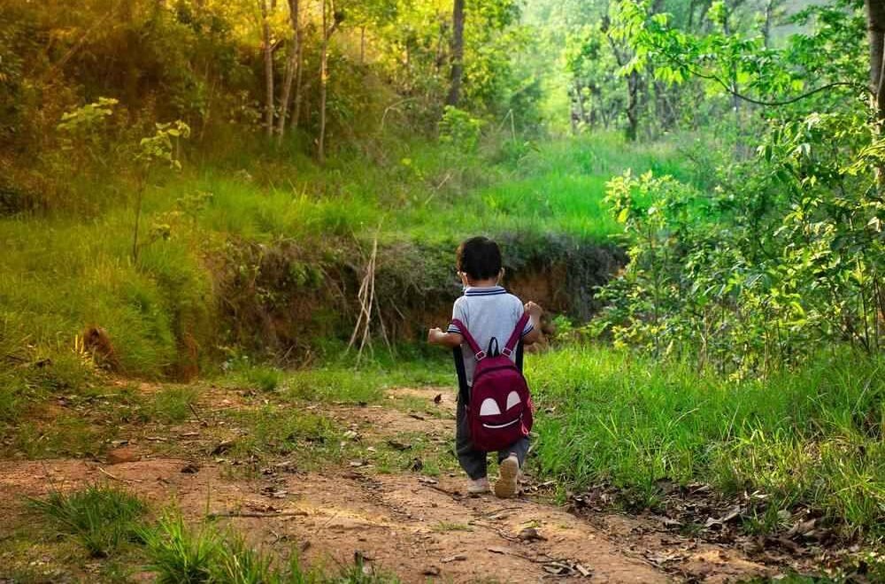 Un petit garçon avec sac à dos marche sur un chemin de terre