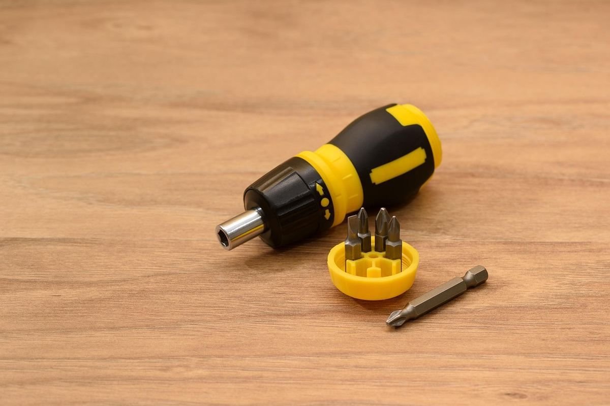 Perceuse sans fil noire et jaune avec bits de visserie sur bois