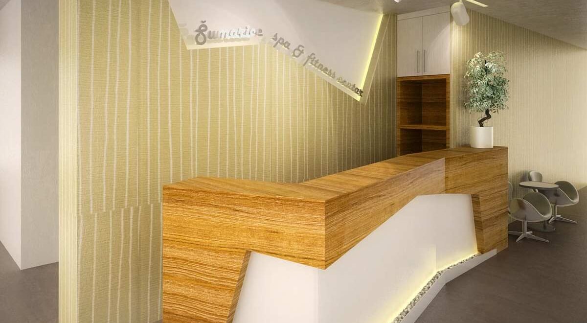 Un comptoir moderne avec éclairage intégré dans une salle d'attente