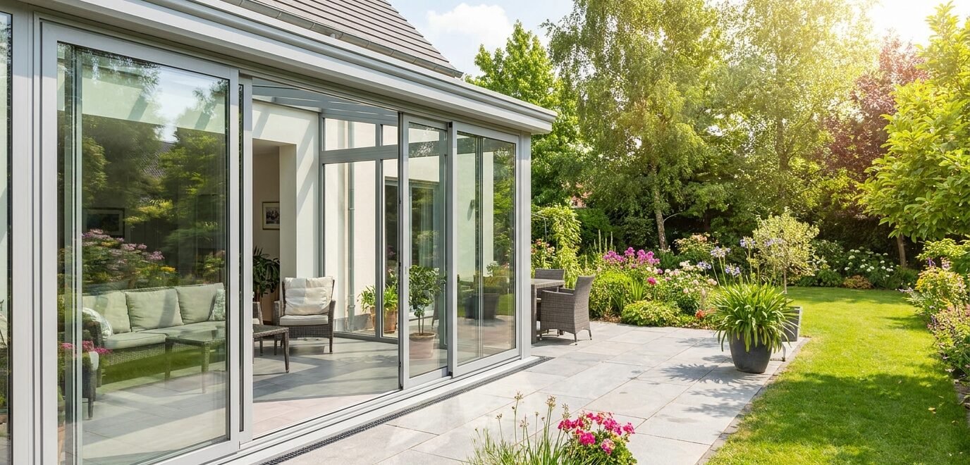 Véranda moderne en aluminium accolée à une maison, baies vitrées, jardin ensoleillé