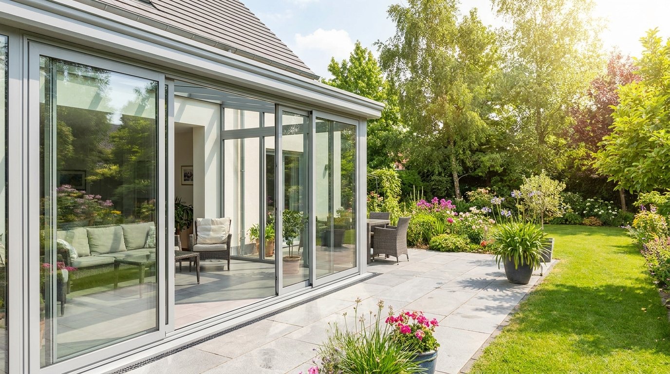 Véranda moderne en aluminium accolée à une maison, baies vitrées, jardin ensoleillé