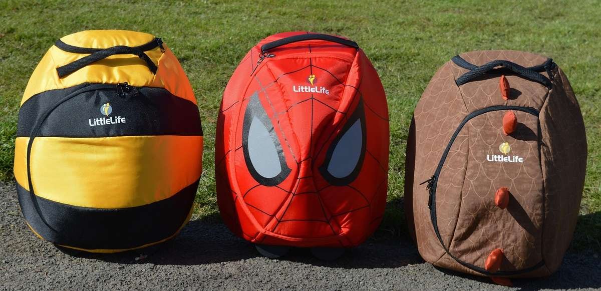 Trois sacs à dos colorés, abeille, Spider-Man et ours, posés sur pelouse
