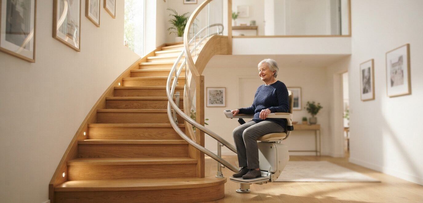 Monte-escalier moderne sur un escalier tournant, maison lumineuse